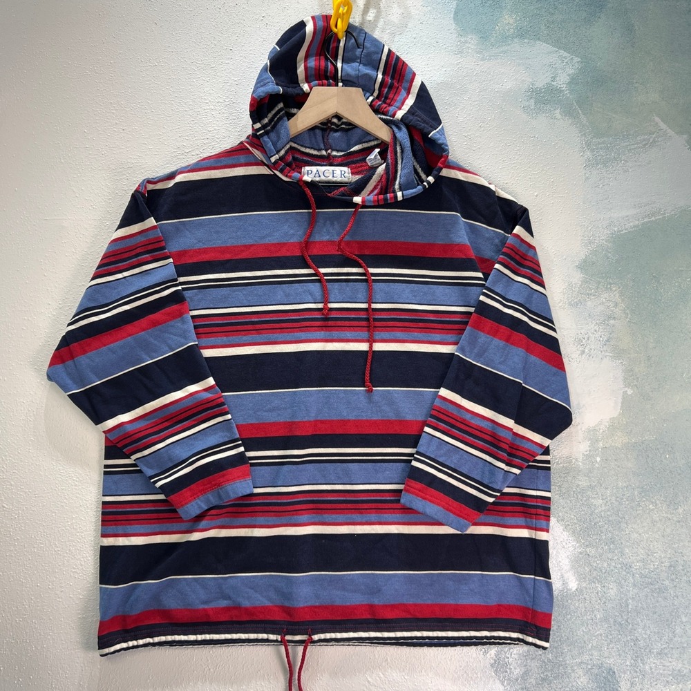 VTG‎ Pacer Mens Large Hoodie Multi Stripe Blue Red White Drawstring Hem Pullover